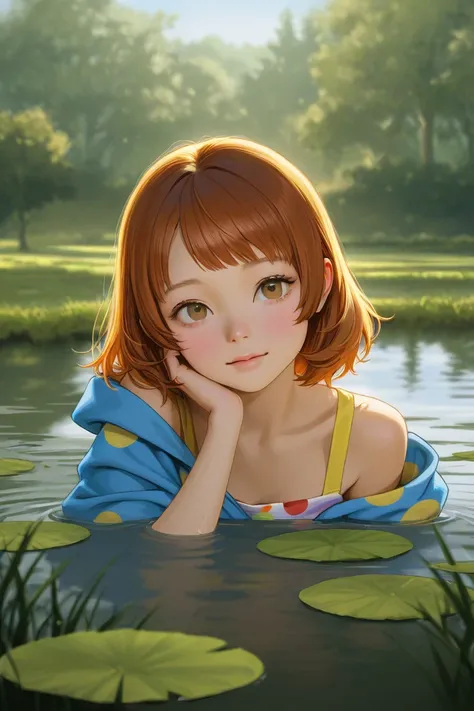 A young woman who looks realistic and laying on her side in a pond in a digital land space. The pond and background look like a video game world. The pond does not look realistic and the picture must have the same composition as the painting Ophelia