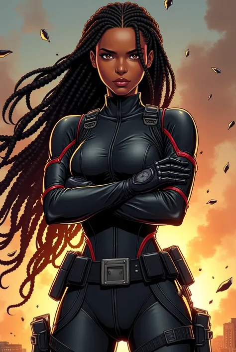  A 17-year-old black American girl , with 1,74m tall and 56kg , athletic and stately body .  hair She has long braids or a modern afro hairstyle and intense honey-colored eyes.  His expression is serious and determined ,  transmitting strength and confiden...