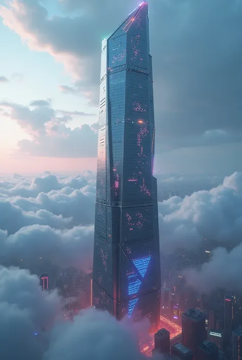 Skyscraper with futuristic LEDs in the realistic cyberpunk style that overcomes the clouds