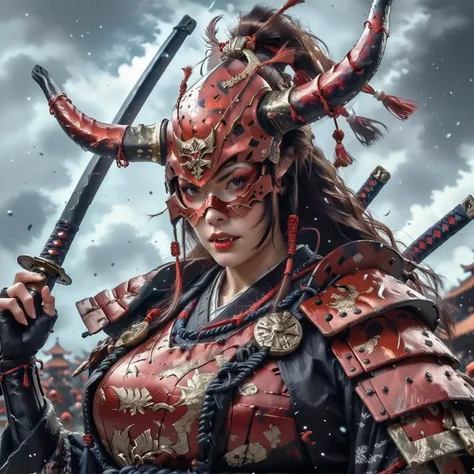 Score_9, score_8_up, score_7_up, source_real, photorealistic;; 1woman, solo;; samurai, samurai helmet, red Fangs/Horns/Ears mask, short horns, black eyes, metal samurai armour, large breasts, large black Katana, encased in ice;; floating adrift, spread eag...