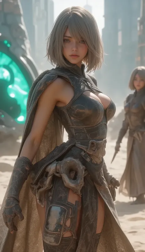 A scene from a George Lucas movie、 masterpiece, top quality , 4K, Mecha,Samurai in Space , , , Cape, headband , Read more, long hair, gray hair, cyberpunk, depth of field on the shoulder , blurry background,