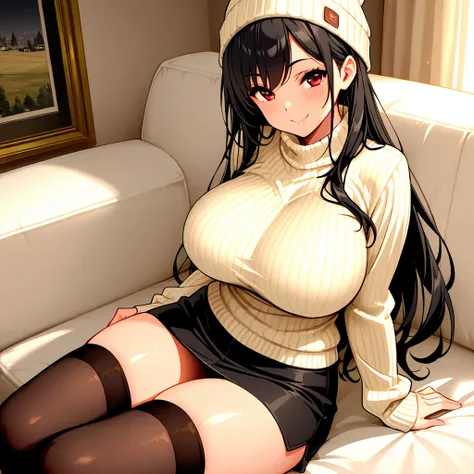 8k, Masterpiece, best quality, ultra detailed, high resolution, super fine illustration, 1girl, solo, smile,red eyes, black hair, long hair, huge breasts, beanie, sweater, miniskirt, thighhighs, sitting, looking at viewer,