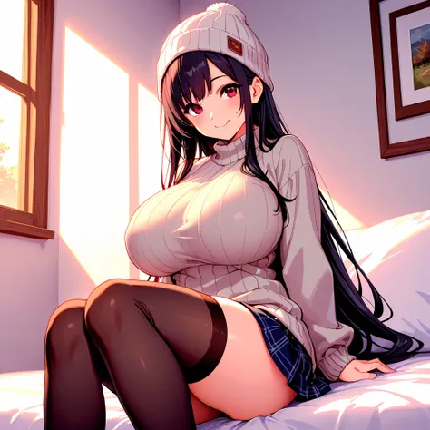 8k, Masterpiece, best quality, ultra detailed, high resolution, super fine illustration, 1girl, solo, smile,red eyes, black hair, long hair, huge breasts, beanie, sweater, miniskirt, thighhighs, sitting, looking at viewer,