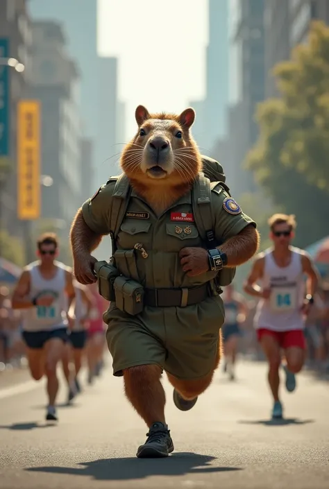 Capybara soldier in a marathon