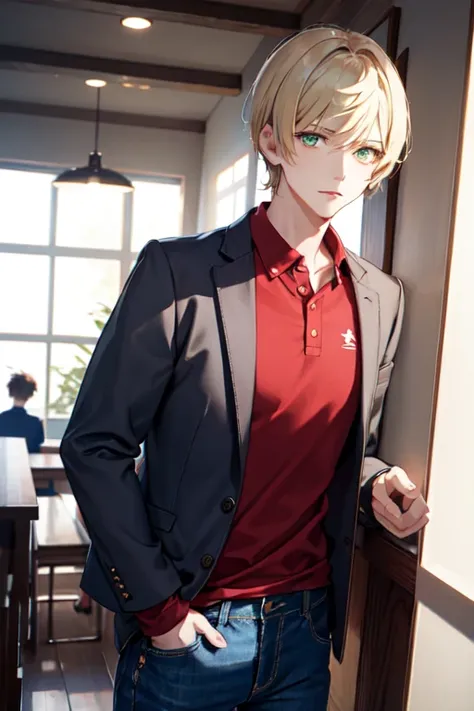  short blond hair，Liuhai Sea is dense，Light green eyes， pretty boy，dark blue short jacket，red polo shirt ， jeans ，American suburban background