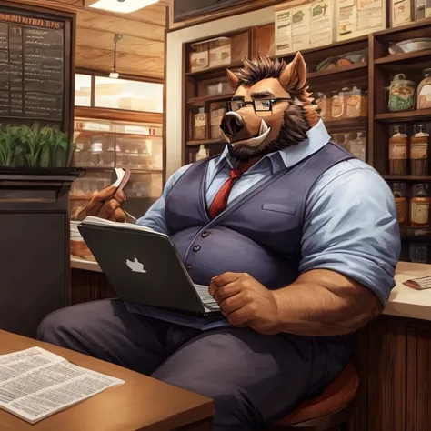 1 adult, male boar, he's chubby, is wearing glasses and  a manager uniform, pants, the boar is standing inside of a coffee store, is sitting  in a chair of the store reading some papers and working on a laptop