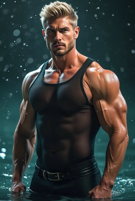 Handsome man dressed mesh tank top in using water magic, masterpiece, best quality, photorealistic, ultra high detailed, movie poster style, (gay character design), sexy and galient posture showcasing his musculanity and sensuality, celestial, tall, hot, h...