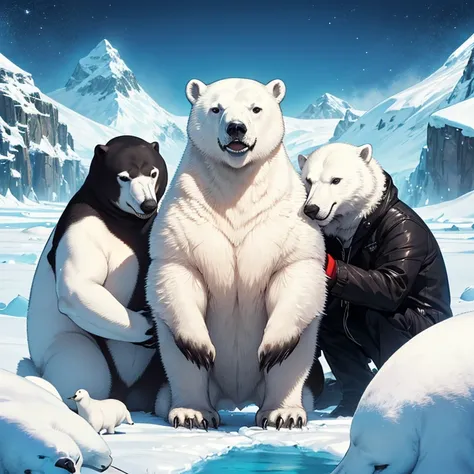   musical album cover with a polar bear, A walrus , And a penguin in the Arctic 