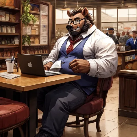 1 adult, male boar, he's chubby, is wearing glasses and  a manager uniform, pants, the boar is standing inside of a coffee store, is sitting  in a chair of the store reading some papers and working on a laptop