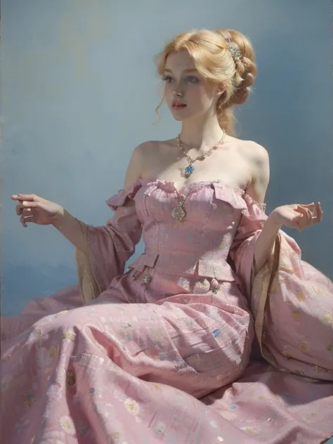 A beautiful young woman with golden blonde hair pinned up into an elegant cluster of ringlets and bright blue eyes. She wears a pale sky blue silk gown with an off shoulder, ruffled neckline and sleeveless bodice, and a full skirt. The gown is patterned al...