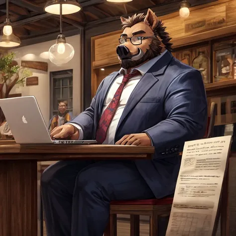 1 adult, male boar, he's chubby, is wearing glasses and  a manager uniform, pants, the boar is standing inside of a coffee store, is sitting  in a chair of the store reading some papers and working on a laptop