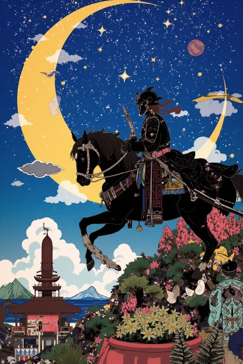 Samurai in Space, crescent moon, riding, planet, side view, collage, star, building silhouette, ЎИstyle art