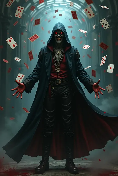 A magician assassin laughing while manipulating flying cards with blood