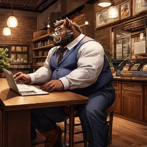 1 adult, male boar, he's chubby, is wearing glasses and  a manager uniform, pants, the boar is standing inside of a coffee store, is sitting  in a chair of the store reading some papers and working on a laptop