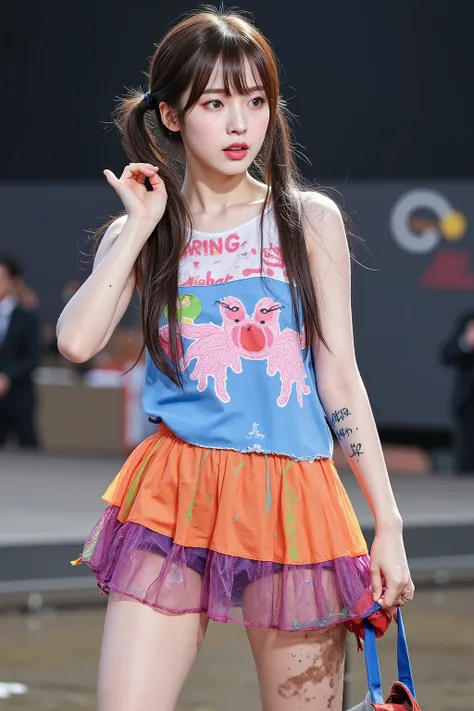 NSFW, 
Realistic, 

full body,
Looking at the camera and looking a little surprised,

Young Korean girl,  
she is having sex,
She is Arin, the youngest member of the idol group "OH MY GIRL",
bangs, twintails, pony tail, twinbun, bun hair, long hair,
She is...