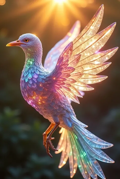 A bird made of crystals glittering in the sunlight, flapping its wings in the colors of the rainbow