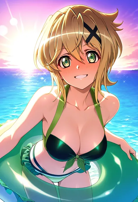 Akatsuki Kirika - Senki Zesshou Symphogearblonde hair,  1girl , Alone, green eyes, short hair, x_hair_ ornament 、smile,,smile,, BEST QUALITY OFFICIAL ART SMILE,,( 1girl  bikini ocean watersplash bubble Swim ring）best quality ( best quality )、(Nonsense)、( v...