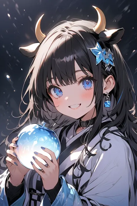  top quality　 Masterpiece　 Hi-Res　 Masterpieceグレーアイズ　Flowerpunk、Sparkling light particles、鮮やかな gradation効果、blue crystal apple（ gradation）、  black hair、length、smile、sight、Winter Scenery、 black background、night、There is a cow