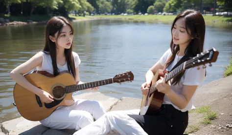 1 pretty girl American play guitar, white skinned, brown hair, shorter pants, sitting beside the bank of the river, behind the mountain