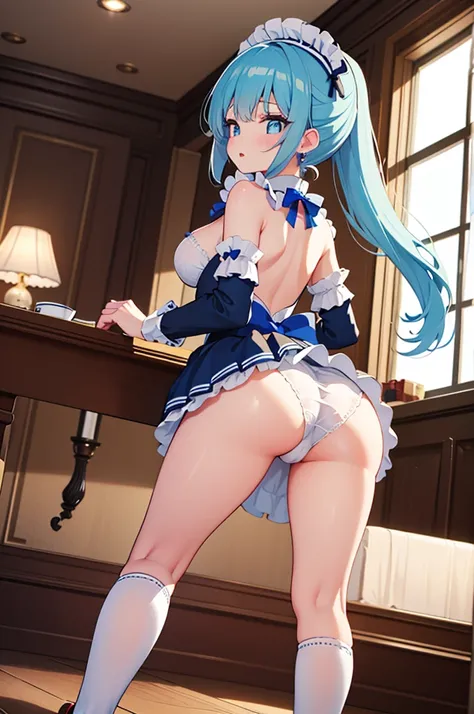 A beautiful girl in a blue maid outfit cleaning a table, anime girl, 1girl, (20 years old girl), (aged up), She wipes with a cloth, leans forward, lifts her butt, you can see her white panties, dining room, french maid outfit, light brown skin, blue hair, ...