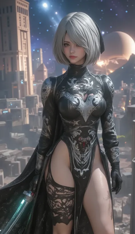 A scene from a George Lucas movie、 masterpiece, top quality , 4K, Mecha,Samurai in Space , Cosmic Space, Lightsaber, Spaceship、planet、Cape, headband , Read more, long hair, gray hair, cyberpunk, depth of field on the shoulder , blurry backg...