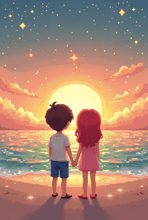 I would like you to generate a pixel art of a couple of a boy with brown hair and a girl with red hair watching the sunset with stars on the beach