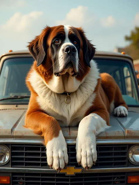 St. Bernard on the hood of a Chevrolet Astro