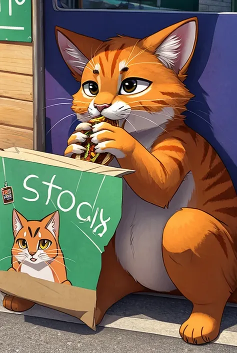 Orange cat eating tacos in a street stall 