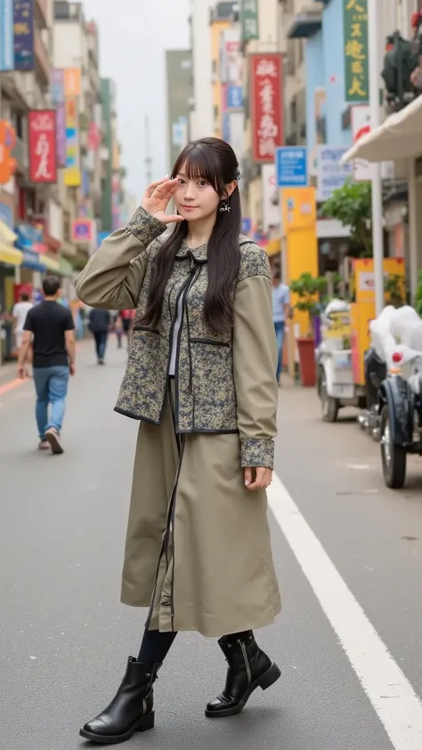 "A young woman walking confidently through an urban street scene, featured in a fashion magazine. She wears a high-fashion jacket, leather boots, and sunglasses, with her hair pulled into a sleek ponytail. The magazine cover captures her stride, with a bus...