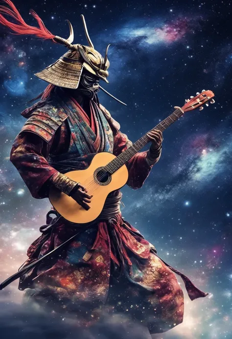 Skinny and emaciated Japanese samurai playing a folk guitar, background space Andromeda galaxy, ultra detailed, absolutely resolution, masterpiece