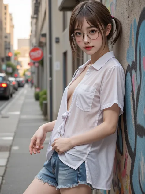 Highest quality, RAW photo, Ultra HD, 18-year-old Korean, glasses beauty, big breasts: 1.5, breast crack: 1.5, healthy skin tone, fair and smooth skin, ((twintails)), ((Light brown silver hair)), beautiful eyes in various colors, thin lips, beautiful eyes ...