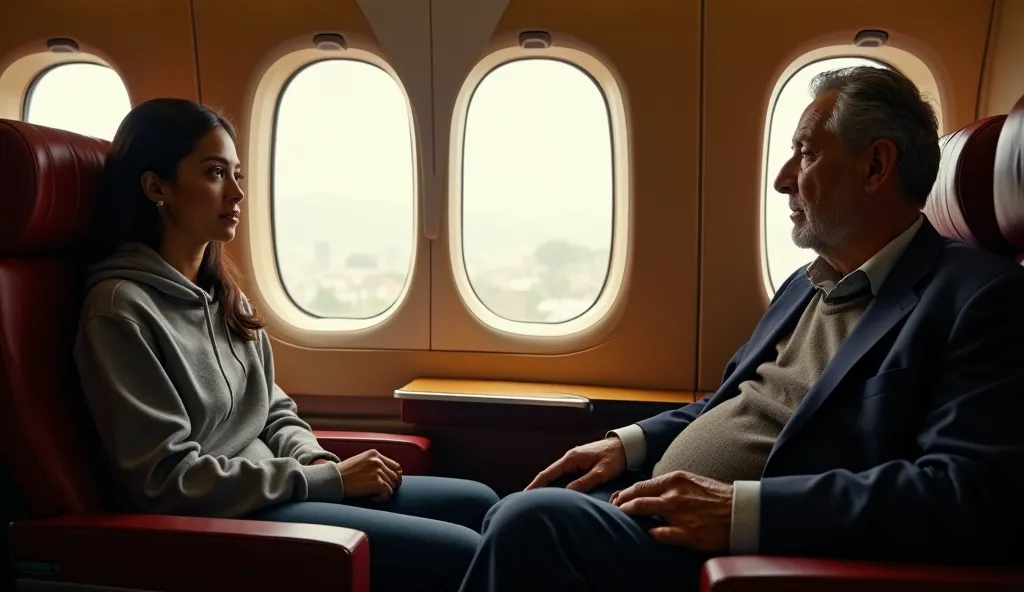 "Maya and her father are seated in a first-class cabin. Maya sits by the window, looking out with a thoughtful expression, overhearing whispers from two well-dressed passengers seated behind them, who glance judgmentally in their direction. Her father sits...