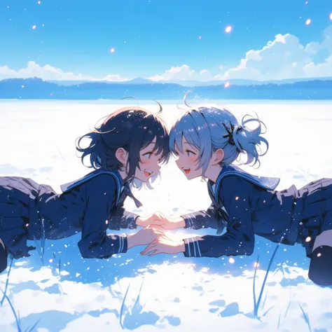 (Image seen from the side) (two girls) (lying face down) (Wearing a winter sailor suit, navy blue pleated skirt) (Both wear the same clothes) (The season is winter, and the blue sky without a cloud spreads out.) (Two people in one photo, dual focus) Beauti...