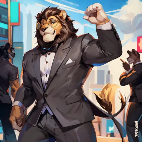 Lion, light gray, light brown lion, muscular in tuxedo, with fancy gold glasses, gray suit, light gray, light gray suit, by mystikfox61