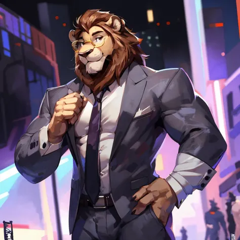 Lion, light gray, light brown lion, muscular in tuxedo, with fancy gold glasses, gray suit, light gray, light gray suit, by mystikfox61