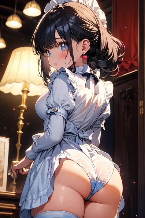 A beautiful girl in a blue maid outfit cleaning a table, anime girl, 1girl, (20 years old girl), (aged up), She wipes with a cloth, leans forward, lifts her butt, you can see her white panties, dining room, french maid outfit, light brown skin, blue hair, ...