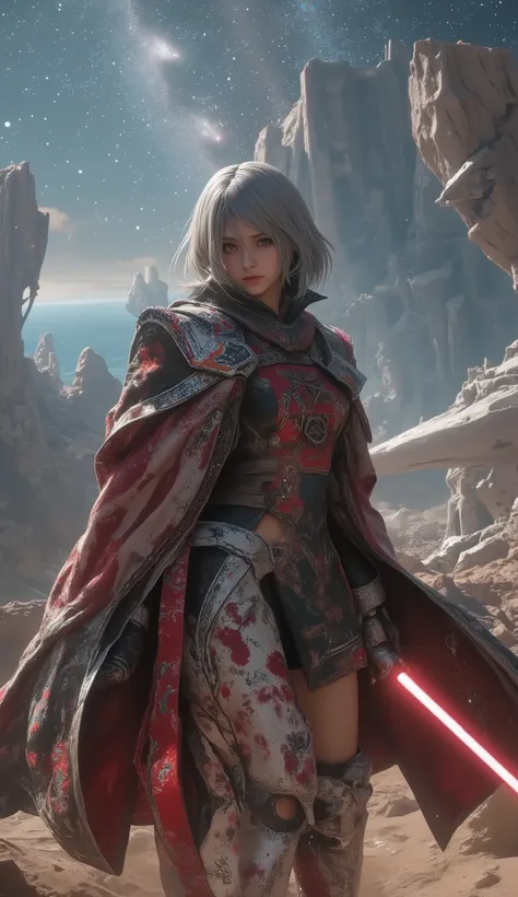 A scene from a George Lucas movie、 masterpiece, top quality , 4K, Mecha,Samurai in Space , Cosmic Space, Lightsaber, Spaceship、planet、Cape, headband , Read more, long hair, gray hair, cyberpunk, depth of field on the shoulder , blurry backg...