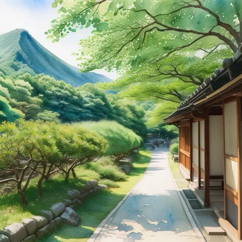 (   Masterpiece:1.2,    top quality),(  very detailed ),(((watercolor))),8k,   wallpaper, 冬のKyoto,summer. green々Tree々、Kyoto,  greenい空,(((   Ghibli style   ))),透明watercolor