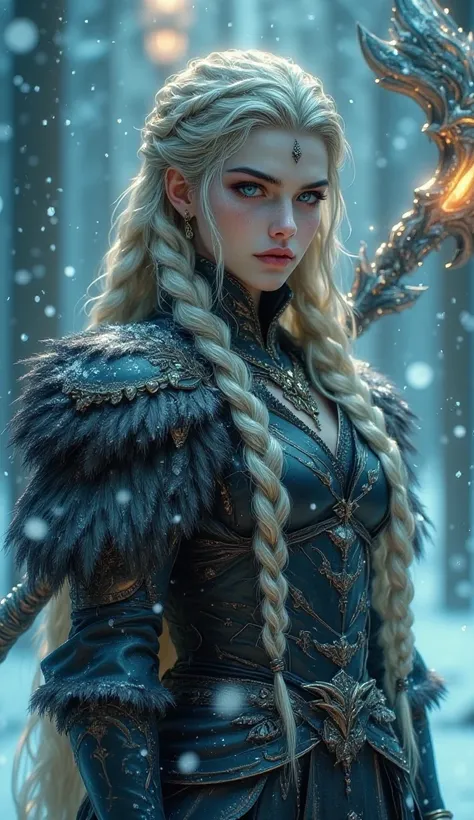 bo-an1me, dark fantasy illustration, high detail fantasy anime, a warrior in a snowy, mystical setting. The subject is a woman with long, braided blonde hair, adorned with intricate braids and beads. Her skin is fair, and she has striking dark war paint ac...