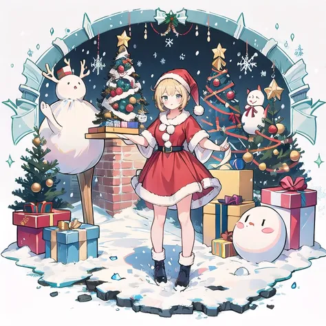 2 girls, santa dress, full body, standing, christmas, snow