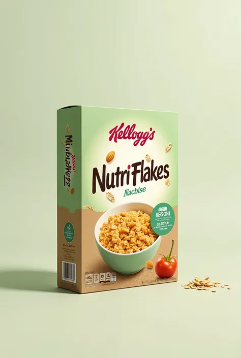  Image of the Box :
 The box will be light green and brown with a minimalist design,  label using oat illustrations ,  almonds and chia .  The Kellogg's logo will be present ,  with the  "NutriFlakes "  in a friendly and clear typography .New Product : Kel...