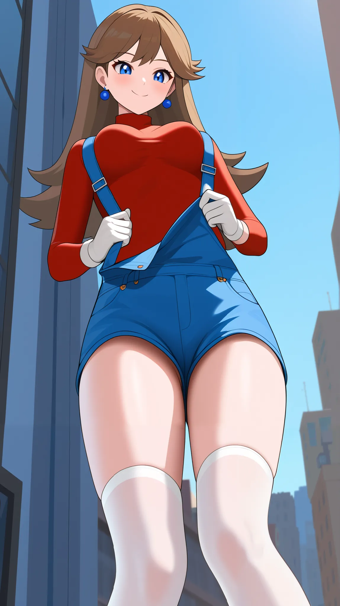 (( top quality)), (( Masterpiece)), (( Details)),  1girl , Two legs, two arms,  orange brown hair color,  long hair,  blue eyes, red long sleeve shirt ,  blue shorts overalls,  white knee-high stockings reflective on glass floors,  absolute domain,  thighs...