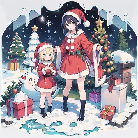 2 girls, santa dress, full body, standing, christmas, snow