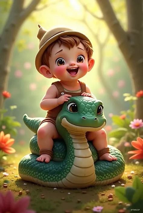 Baby riding snake. smiley face