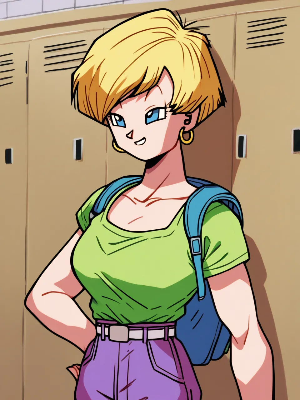 score_9, score_8_up, score_7_up, standing, hallways, lockers, school, indoors, scenery, BREAK GreenShirt_DragonBall_Erasa_ownwaifu, 1girl, blonde hair, blue eyes, earrings, gold earrings, hoop earrings, jewelry, medium hair, green shirt, short sleeves, bre...