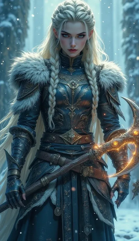 bo-an1me, dark fantasy illustration, high detail fantasy anime, a warrior in a snowy, mystical setting. The subject is a woman with long, braided blonde hair, adorned with intricate braids and beads. Her skin is fair, and she has striking dark war paint ac...