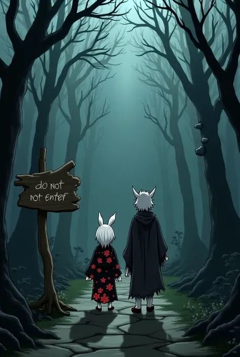 A horror-themed anime comic illustration. Miko, a white rabbit girl with red eyes, wearing a black kimono with blood-red cherry blossom patterns, and Shiro, a tall wolf boy with gray fur, blue eyes, and a tattered black cloak, stand at the entrance of a fo...