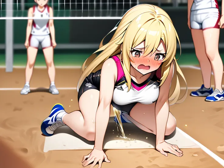  high definition 、Blond、 long hair、 Brown Eyes 、Medium breast、detailed, volleyball court, playing volleyball, sport bra,  volleyball shorts,  during volleyball game ,drawing attentions, ((desperate to pee)), full body, hands between legs, embarrassed