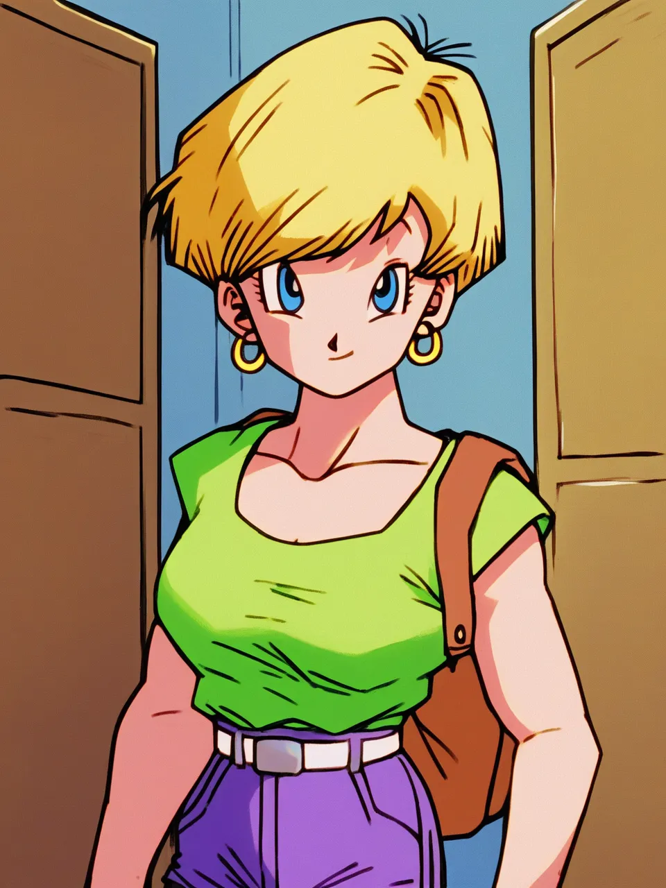 score_9, score_8_up, score_7_up, standing, hallways, lockers, school, indoors, scenery, BREAK GreenShirt_DragonBall_Erasa_ownwaifu, 1girl, blonde hair, blue eyes, earrings, gold earrings, hoop earrings, jewelry, medium hair, green shirt, short sleeves, bre...