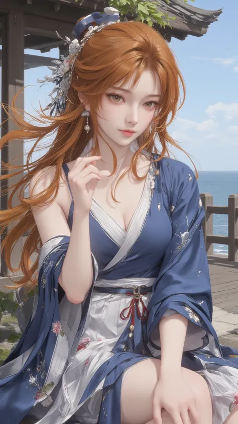 seaside，Wooden villa ， sitting on a wooden board with one hand clasping his legs， Wearing Ancient Blue Silk Sexy Clothing， White Floral Stripe Design ， Waist Ribbon , Chest, long orange hair,Flowing in the wind， delicate cheeks ，Ancient Chinese Woman ，